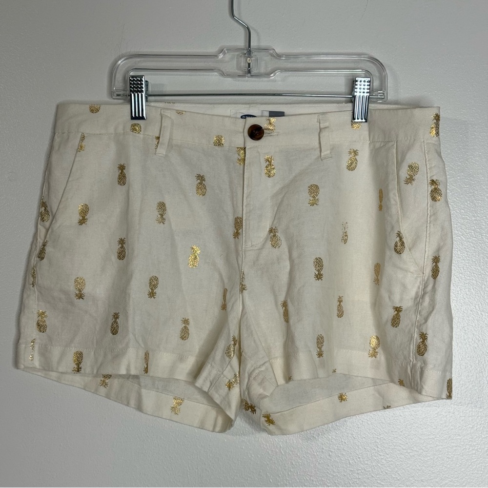 Old Navy Linen Blend Cream White Gold Pineapple Shorts Womens Size 8